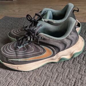 Nike Black and Tan Sneakers with Green Accents